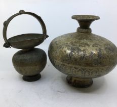 An Indian bronze vase H:22.5cm) together with an Indian metal censor. (2)