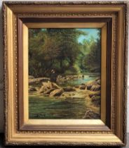 J Reid, "Hambrook near Bristol", a late19th century oil on board of an angler fishing in a