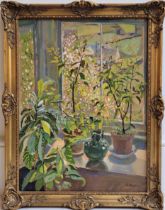 Mary Martin (b.1951-), "Pot plants by a cottage window", oil on board, signed lower right, 41cm x