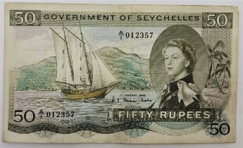 A Government of Seychelles 50 Rupees banknote, 1st January 1968, serial no. A/1 012357, Hugh Selby