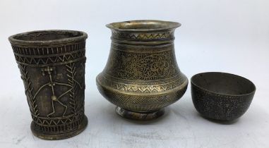 A collection of Indian bronze items to include an Indian bronze vase and two Indian bronze cups, H: