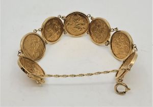 A Fine Victoria sovereign gold coin bracelet, formed from seven 9ct. yellow gold circular links,