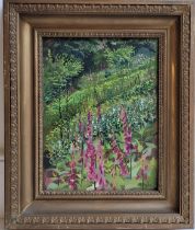 Mary Martin (b.1951-), "Foxgloves on a Cornish hillside", oil on board, signed lower right, 32.5cm x