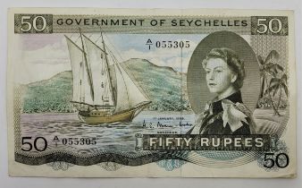 A Government of Seychelles 50 Rupees banknote, 1st January 1969, serial no. A/1 055305, Hugh Selby