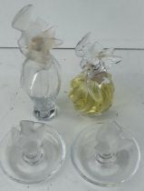 Two Lalique pi dishes and two Lalique perfume bottles