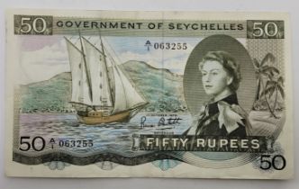 A Government of Seychelles 50 Rupees banknote, 1st October 1970, serial no. A/1 063255, Bruce