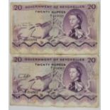 Two Government of Seychelles purple 20 Rupees banknotes: 1st January 1968, A/1 013154, Hugh Selby