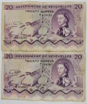 Two Government of Seychelles purple 20 Rupees banknotes: 1st January 1968, A/1 013154, Hugh Selby