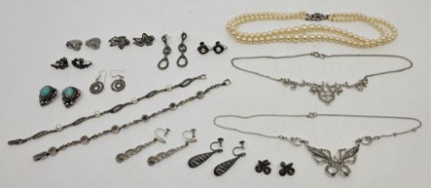 A collection of marcasite jewellery, to include; pendant necklaces, bracelets and earrings, together