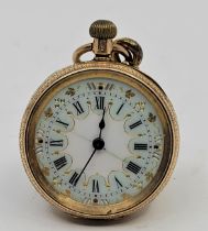 A continental 14ct. gold open face fob watch, crown wind, having enamel dial with Roman numeral