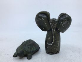 A carved soapstone figure of an elephant together with a bronze figure of tortoise (2)