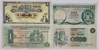 Four Elizabeth II Scottish one pound banknotes: The Royal Bank of Scotland one pound banknote, 1st