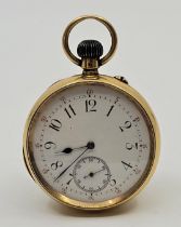 A late 19th century 18ct. gold open faced pocket watch, crown wind, having white enamel Arabic