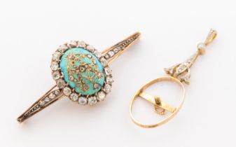An Edwardian Russian turquoise and diamond gold set metamorphic pendant brooch, comprising a