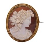 A fine 19th century gold set cameo brooch, comprising an oval carved shell cameo depicting a