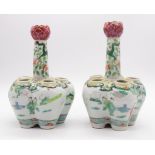 A pair of Chinese famille verte tulip vases, the lobed bases with five apertures, the necks with