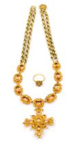 A Georgian Imperial topaz cannetille gold necklace and brooch parure, the necklace comprising a nine