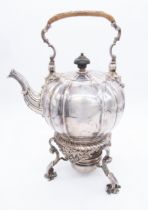 A George II silver kettle and burner hallmarked by Paul de Lamerie, London, the kettle 1733 and