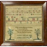 A 19th Century (William IV) sampler by Jane Dean aged 7 years 7 months, dated 1830, the upper