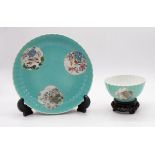 A Chinese Export ribbed tea bowl and saucer dish, Qianlong Period, turquoise ground each painted