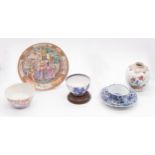 A group of 18th Century Chinese porcelain to include: a blue and white tea bowl, Kangxi Period,