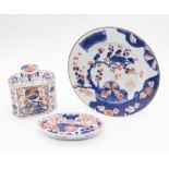 A group of Chinese Imari porcelain items circa 1730, comprising, a large tea canister and cover,