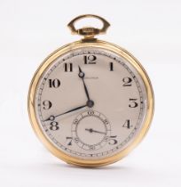 A Longines Art Deco 9ct gold open faced, silvered enamel dial, with Arabic hour markers,