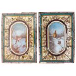 A pair of mid to late 19th century stained glass panels depicting painted Winter landscape with
