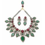 A Moghul style Indian stone set 18ct gold and silver necklace, comprising twenty-three pear shaped