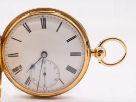 An early 20th century 18ct gold hunter pocket watch, comprising an enamel dial with numeral hour