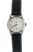 Omega: a Gentleman's vintage steel cased manual wind wristwatch, comprising a signed silvered dial