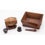 A collection of Treen to include: umbrella shaped needle holder, honey pot shaped tape measure, a