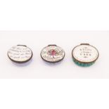 A collection of three 18th Century oval enamel patch boxes, fluted bodies with blue or green ground,