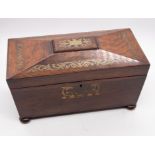 A 19th Century rosewood veneered brass inlaid large tea caddy, sarcophagus shaped, the cover with