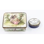 A George III Staffordshire oval patch box and cover, circa 1770, cobalt blue body, the cover printed