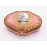 A French Sevres style enamel gilt metal mounted snuff box, quatrefoil shaped with pink ground