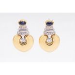 A pair of retro sapphire and diamond 18ct gold drop earrings, comprising a top set with a cabochon
