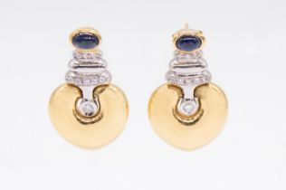 A pair of retro sapphire and diamond 18ct gold drop earrings, comprising a top set with a cabochon