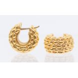 A pair of 18ct gold wide huggee earrings, comprising brick type embossed decoration, width approx