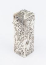 A Victorian Aesthetic silver scent bottle, with stylised engraved floral and bird design, hinged lid