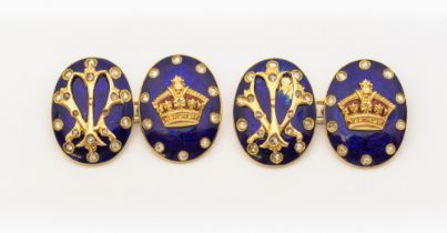 A pair of 19th century diamond and enamel gold link-cufflinks, comprising a domed oval, one with