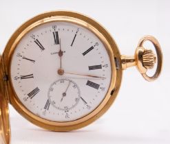 An Art Nouveau Longines 18ct gold hunter pocket watch, comprising a signed white enamel dial with