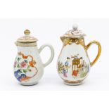 Two 18th Century Chinese Export porcelain sparrow beak baluster cream jugs and coves: one painted
