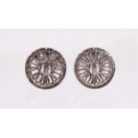 A pair of retro 18ct white gold David Thomas cufflinks, comprising a wheel like spoke design with