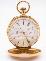 An early 20th century 18ct gold half hunter pocket watch with stop watch function, comprising a