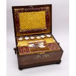 An early Victorian rosewood mother-of-pearl inlaid sarcophagus shaped sewing box and cover, with