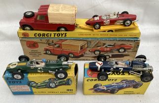 Corgi: A collection of three boxed Corgi Toys to comprise: Land-Rover with Ferrari Racing Car on