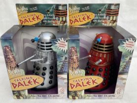 Doctor Who: A pair of Product Enterprise, Talking Daleks. One black and silver, one black and red.