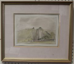 Attributed to George Cumberland 1754-1848 Study of a hill with buildings, watercolour, framed, 15