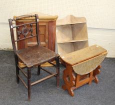 A small pitched pine wall mounting corner cupboard, an oak drop leaf occasional table, a three